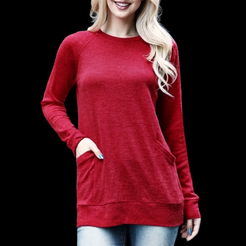 You & Me Knit Long Sleeve Front Pocket Tunic Sweatshirt Women’s Plus 2X Ruby Red